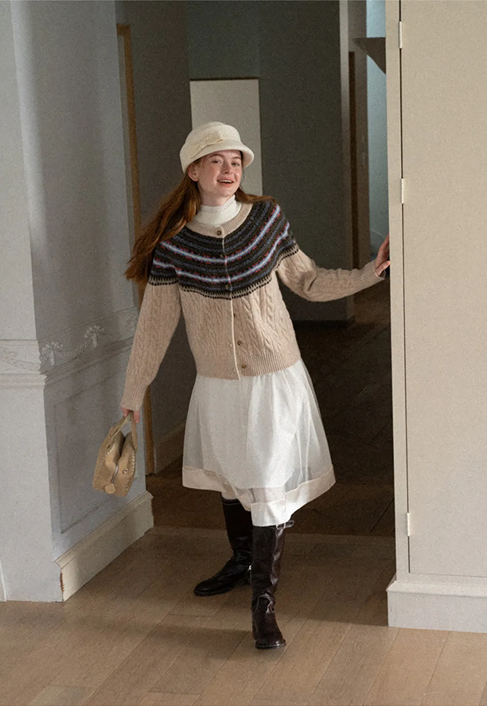 Cable Knit Cardigan with Fair Isle Yoke Pattern