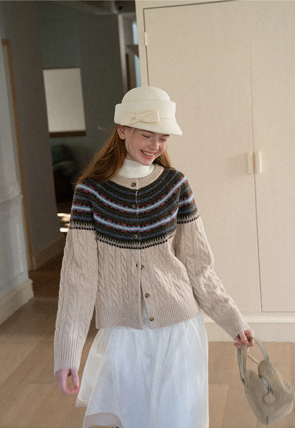 Cable Knit Cardigan with Fair Isle Yoke Pattern