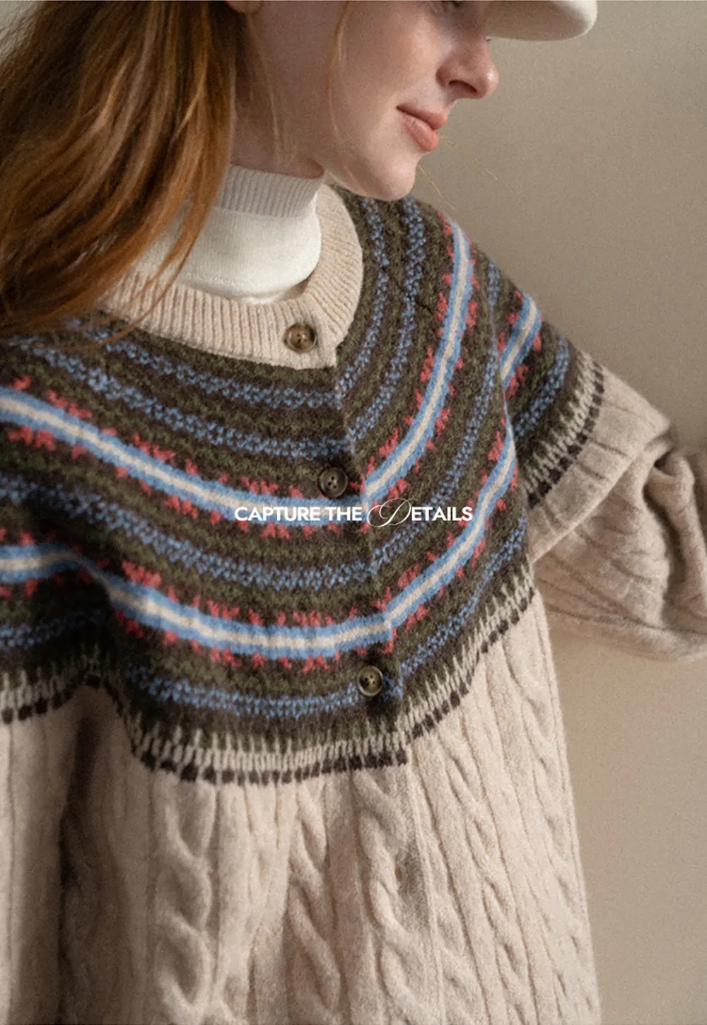 Cable Knit Cardigan with Fair Isle Yoke Pattern