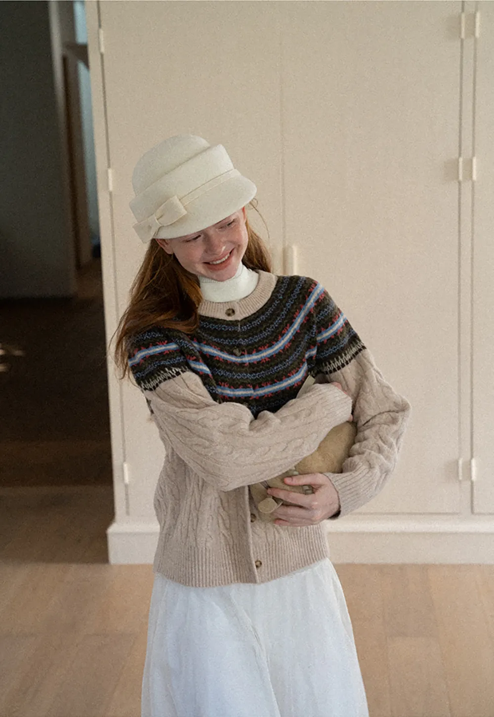 Cable Knit Cardigan with Fair Isle Yoke Pattern