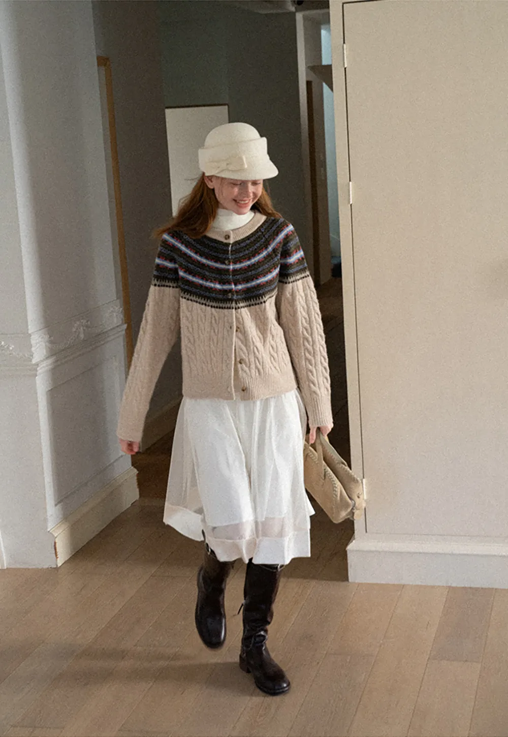 Cable Knit Cardigan with Fair Isle Yoke Pattern