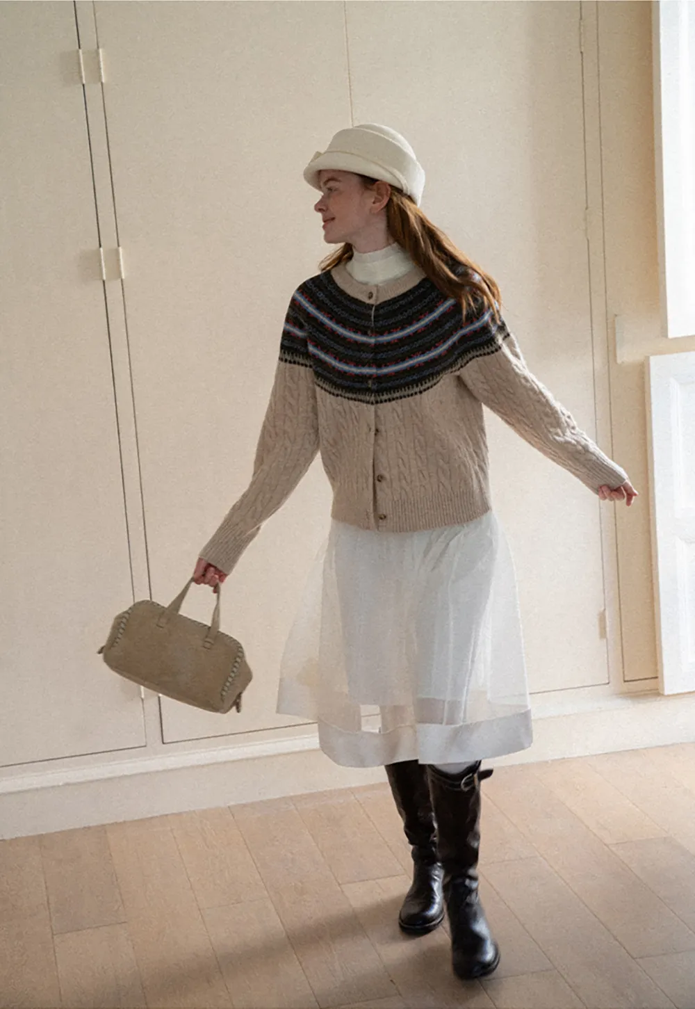 Cable Knit Cardigan with Fair Isle Yoke Pattern