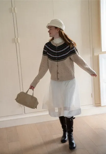 Cable Knit Cardigan with Fair Isle Yoke Pattern