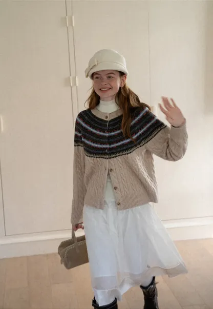 Cable Knit Cardigan with Fair Isle Yoke Pattern