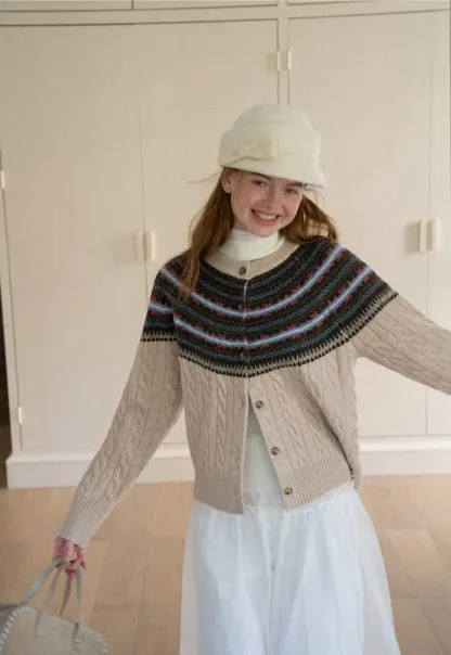 Cable Knit Cardigan with Fair Isle Yoke Pattern