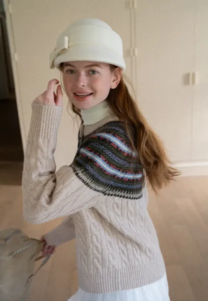 Cable Knit Cardigan with Fair Isle Yoke Pattern