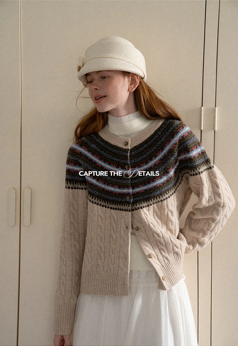 Cable Knit Cardigan with Fair Isle Yoke Pattern