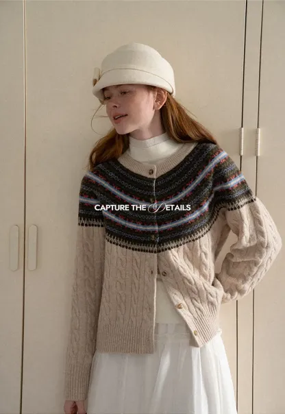 Cable Knit Cardigan with Fair Isle Yoke Pattern