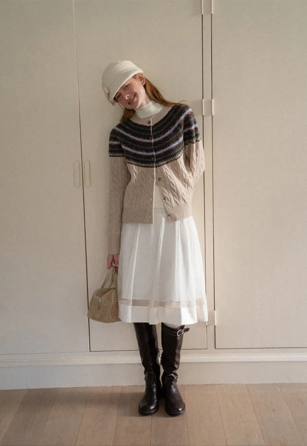 Cable Knit Cardigan with Fair Isle Yoke Pattern