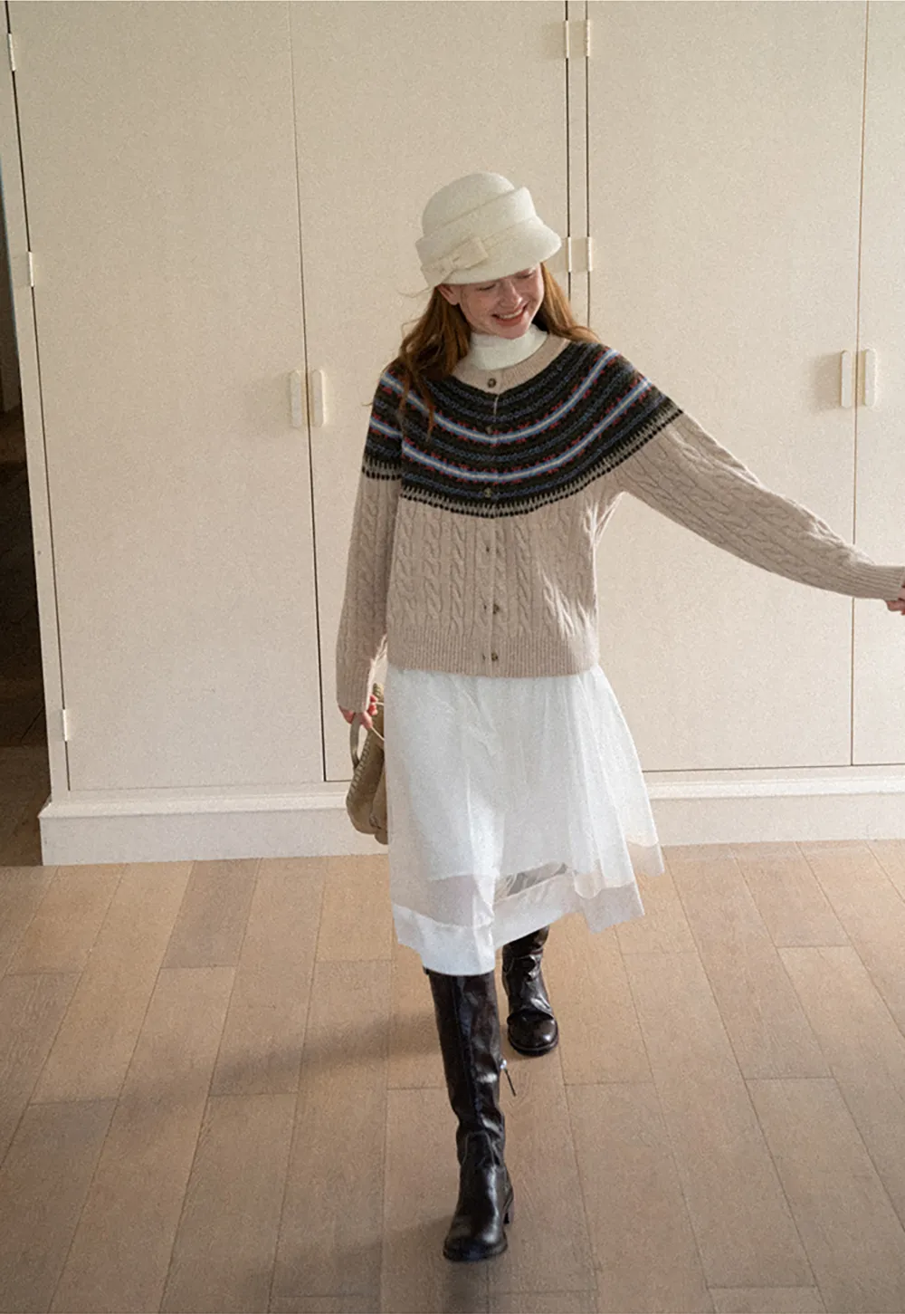 Cable Knit Cardigan with Fair Isle Yoke Pattern