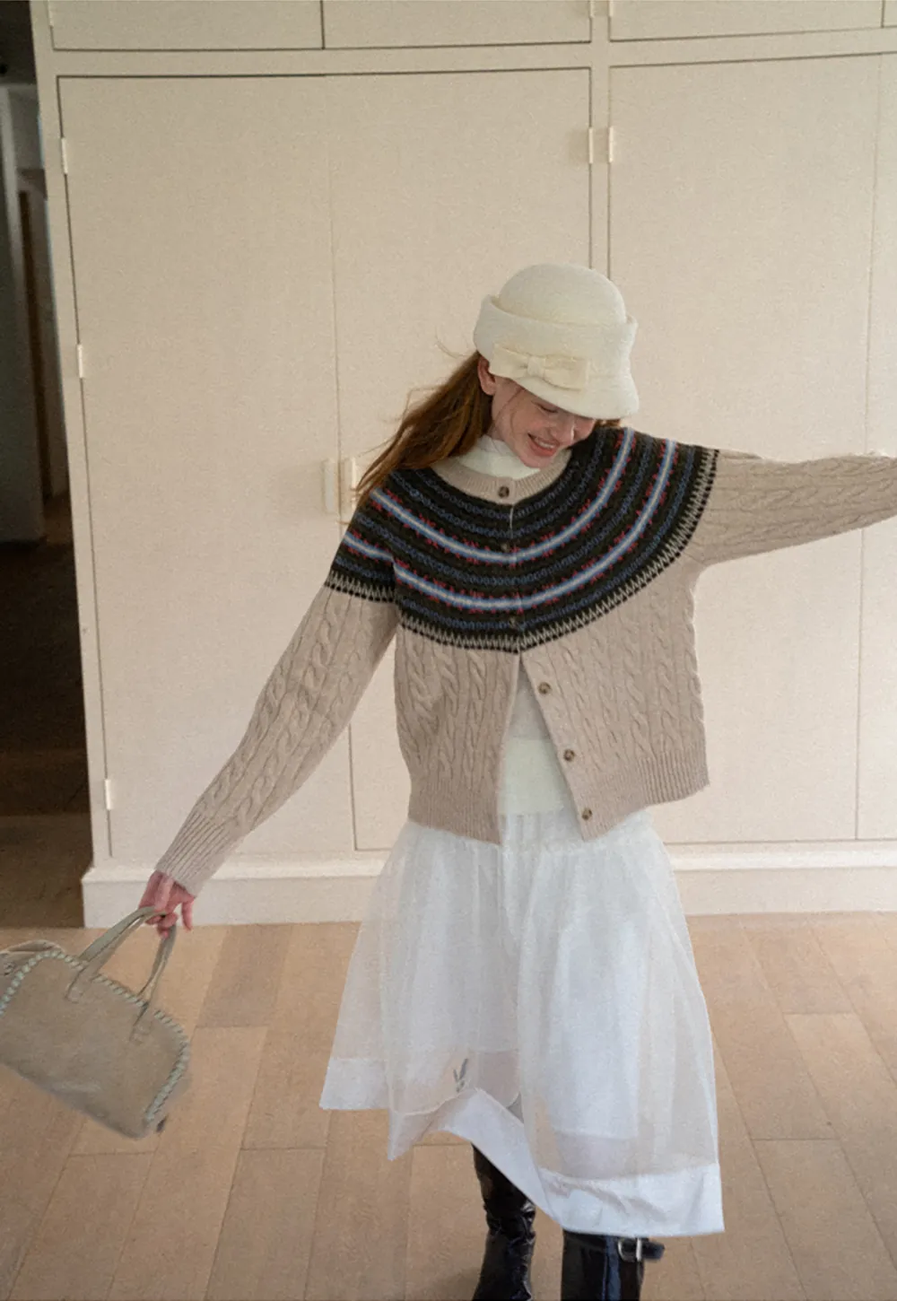Cable Knit Cardigan with Fair Isle Yoke Pattern