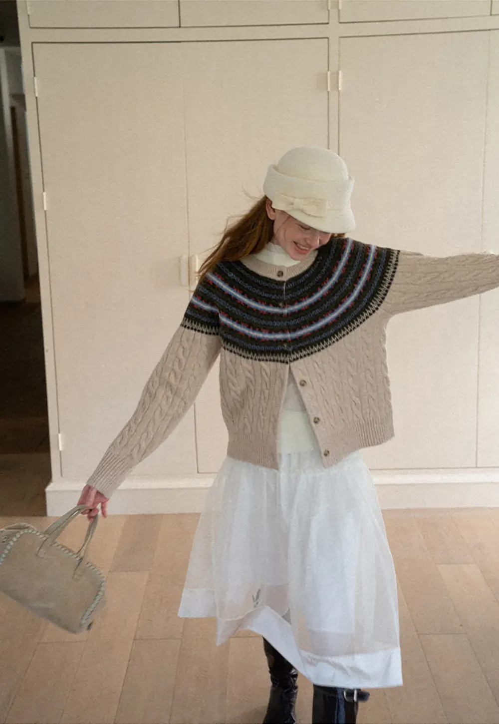 Cable Knit Cardigan with Fair Isle Yoke Pattern