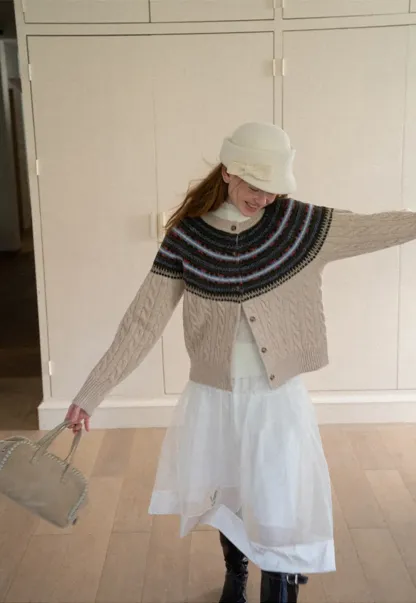Cable Knit Cardigan with Fair Isle Yoke Pattern