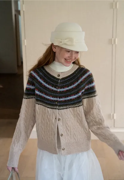 Cable Knit Cardigan with Fair Isle Yoke Pattern
