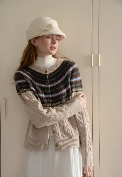 Cable Knit Cardigan with Fair Isle Yoke Pattern