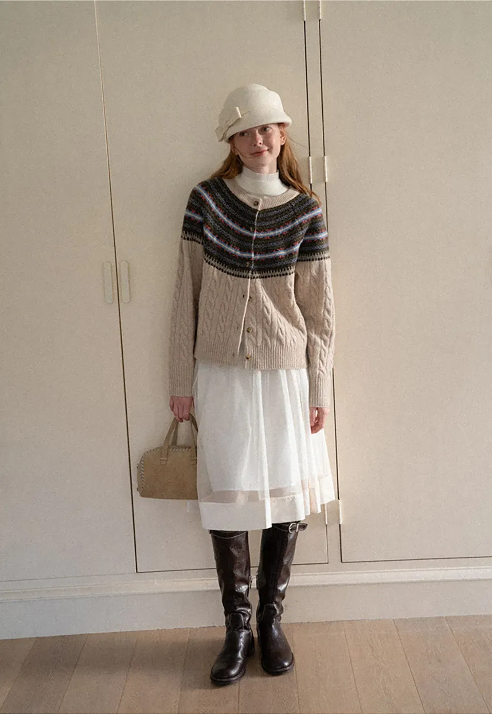 Cable Knit Cardigan with Fair Isle Yoke Pattern