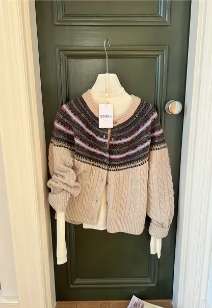 Cable Knit Cardigan with Fair Isle Yoke Pattern