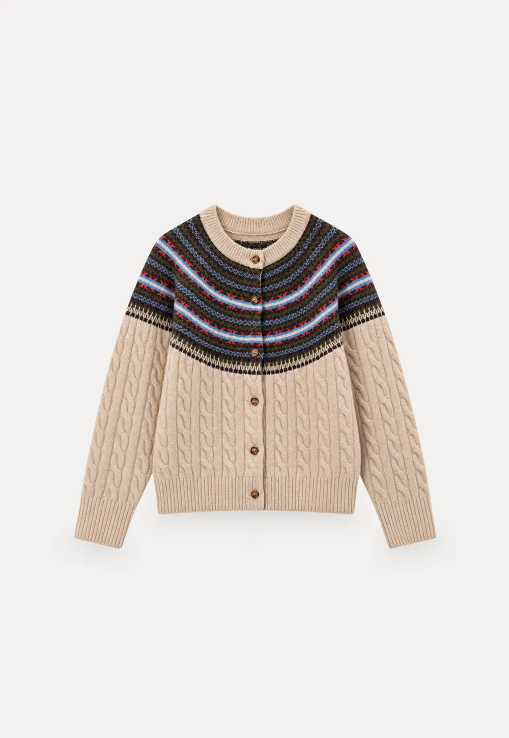 Cable Knit Cardigan with Fair Isle Yoke Pattern