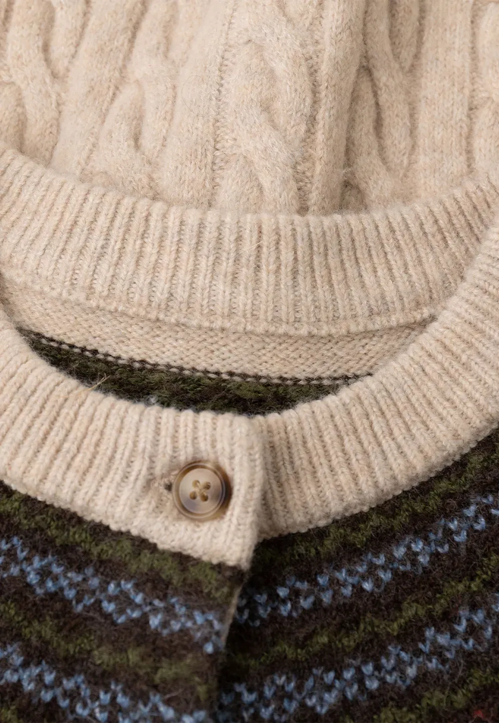 Cable Knit Cardigan with Fair Isle Yoke Pattern