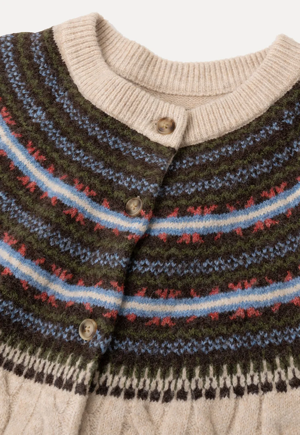Cable Knit Cardigan with Fair Isle Yoke Pattern