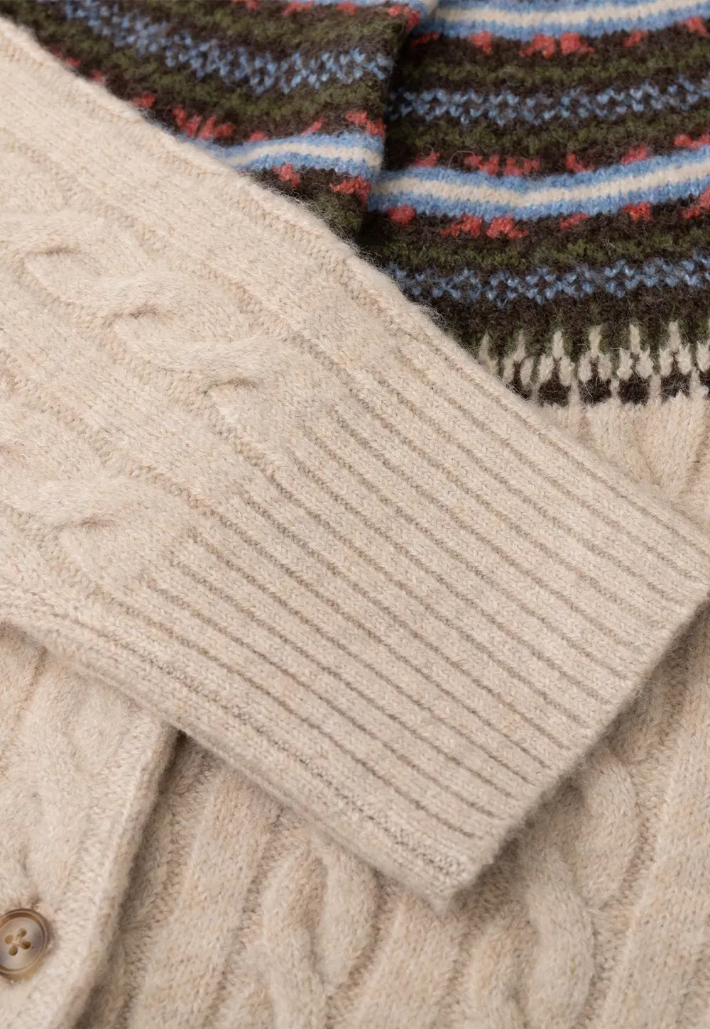 Cable Knit Cardigan with Fair Isle Yoke Pattern