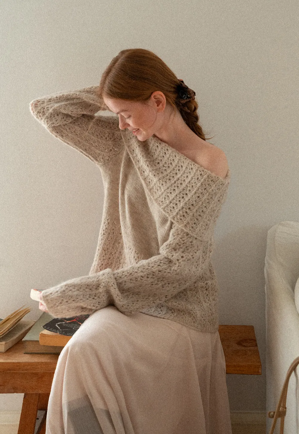 Open Shoulder Lace Knit Sweater