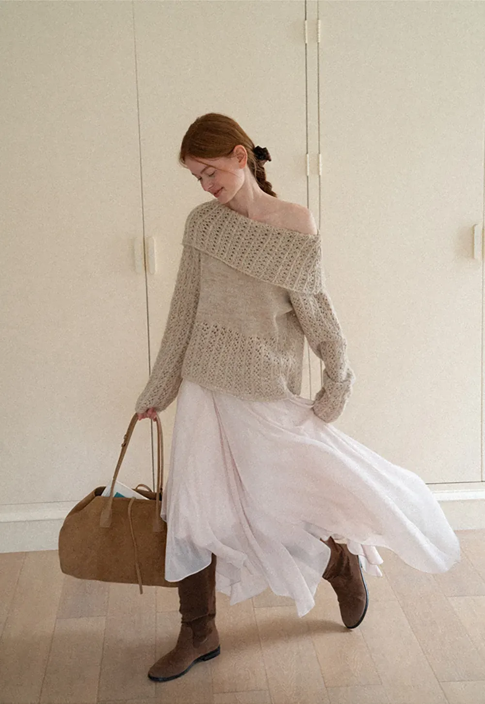 Open Shoulder Lace Knit Sweater