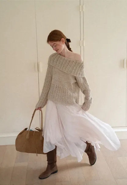 Open Shoulder Lace Knit Sweater