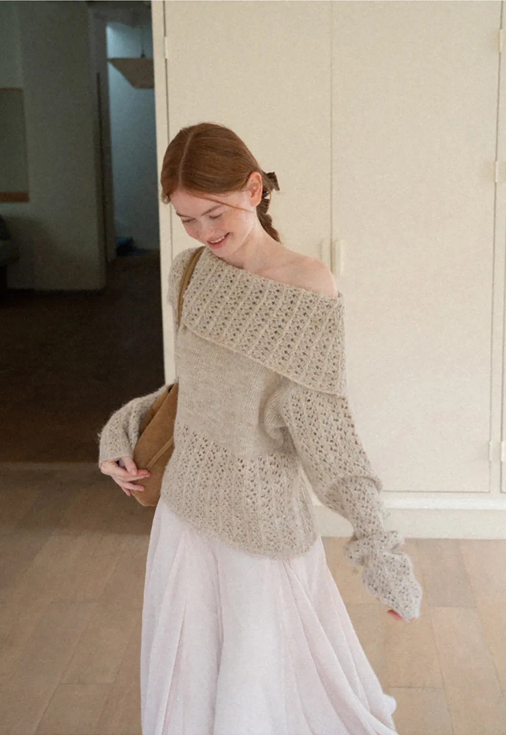 Open Shoulder Lace Knit Sweater