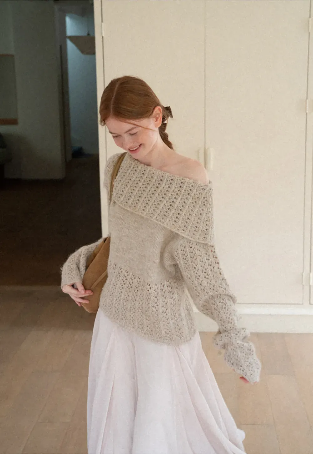 Open Shoulder Lace Knit Sweater