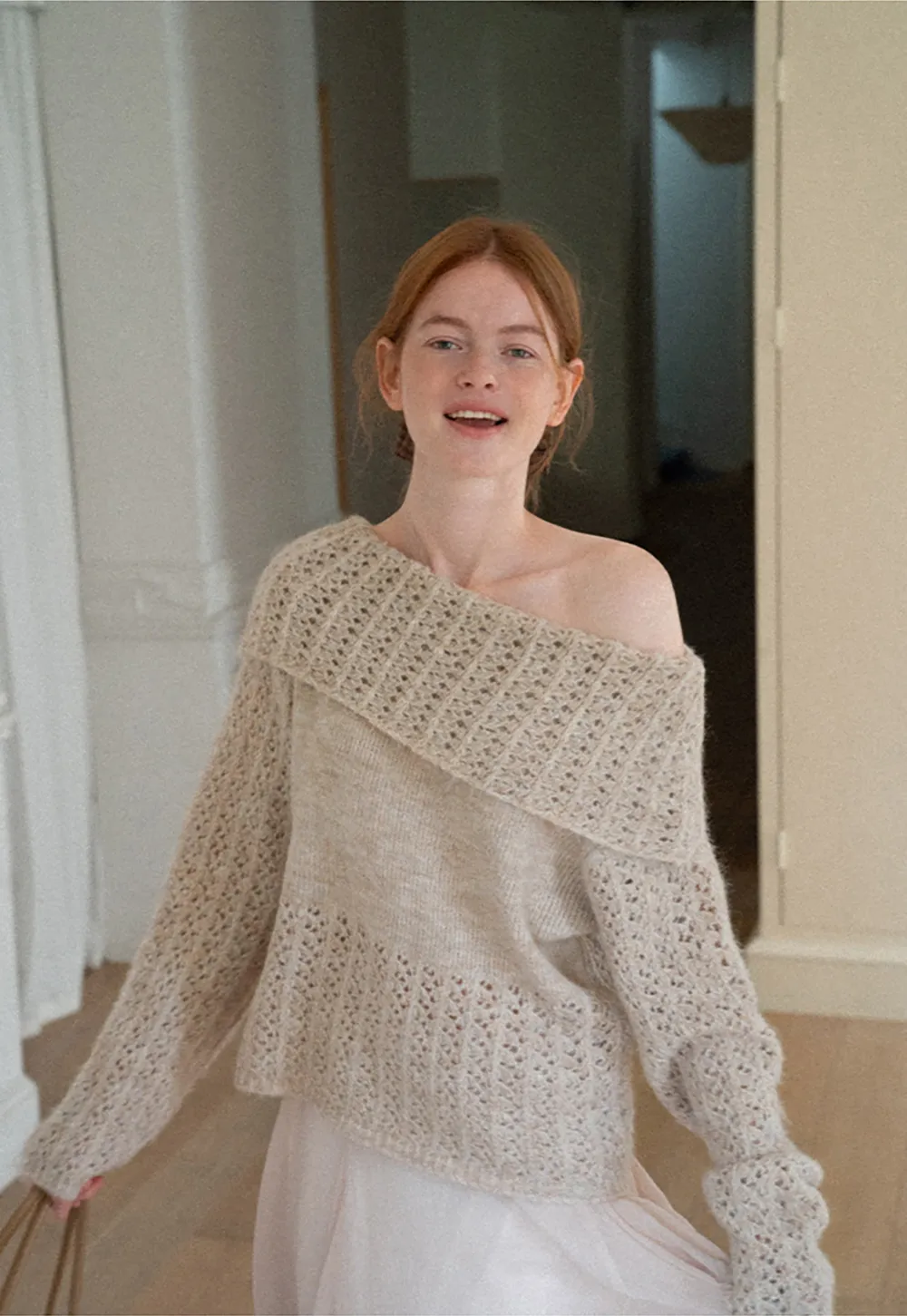 Open Shoulder Lace Knit Sweater