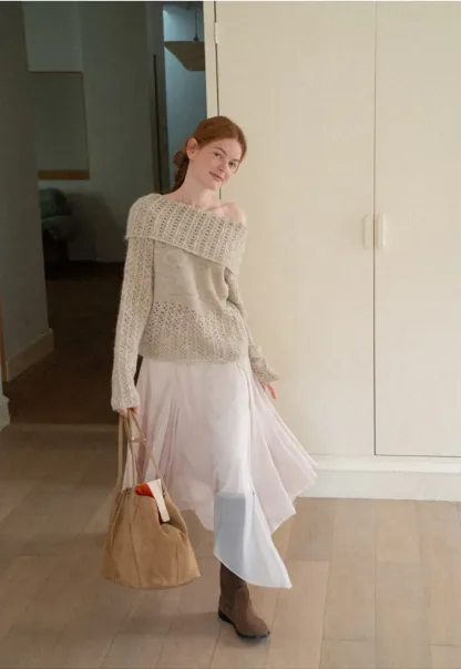 Open Shoulder Lace Knit Sweater