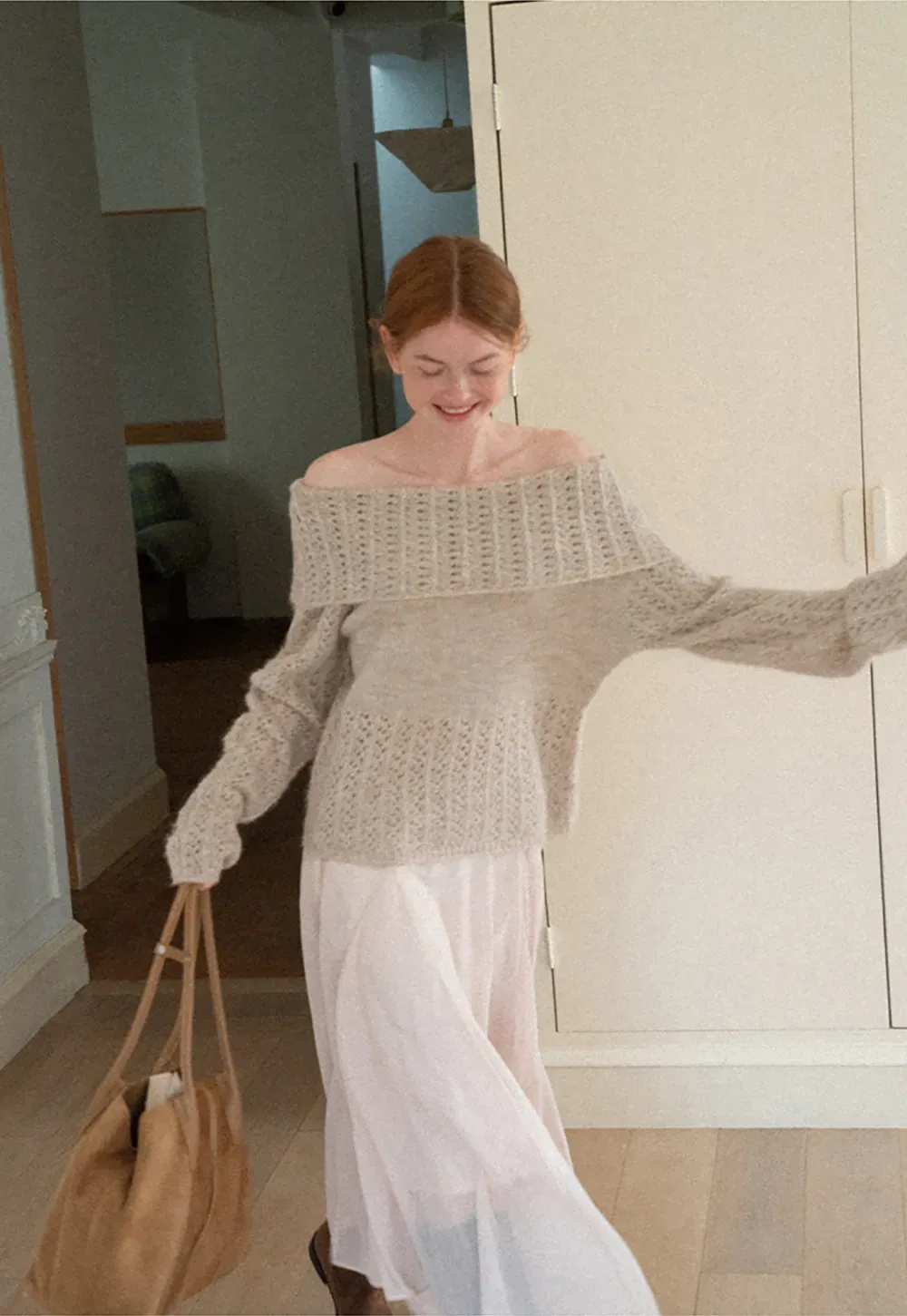 Open Shoulder Lace Knit Sweater