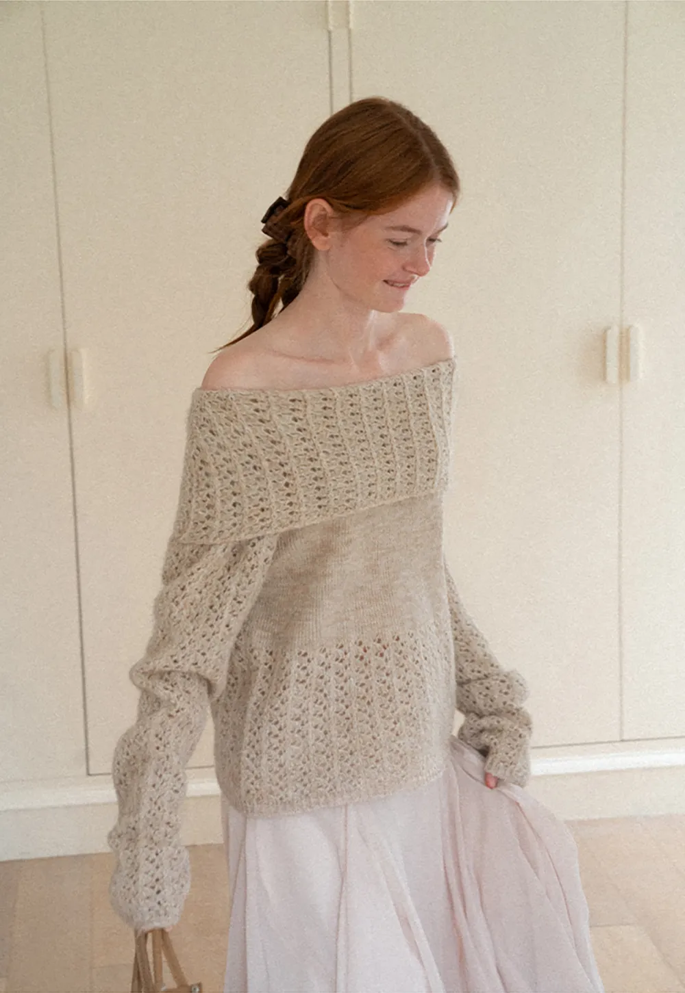 Open Shoulder Lace Knit Sweater
