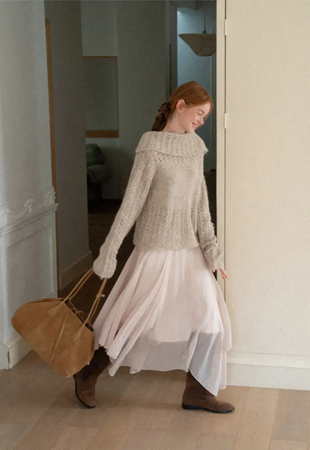 Open Shoulder Lace Knit Sweater