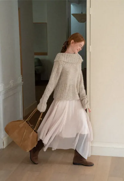 Open Shoulder Lace Knit Sweater