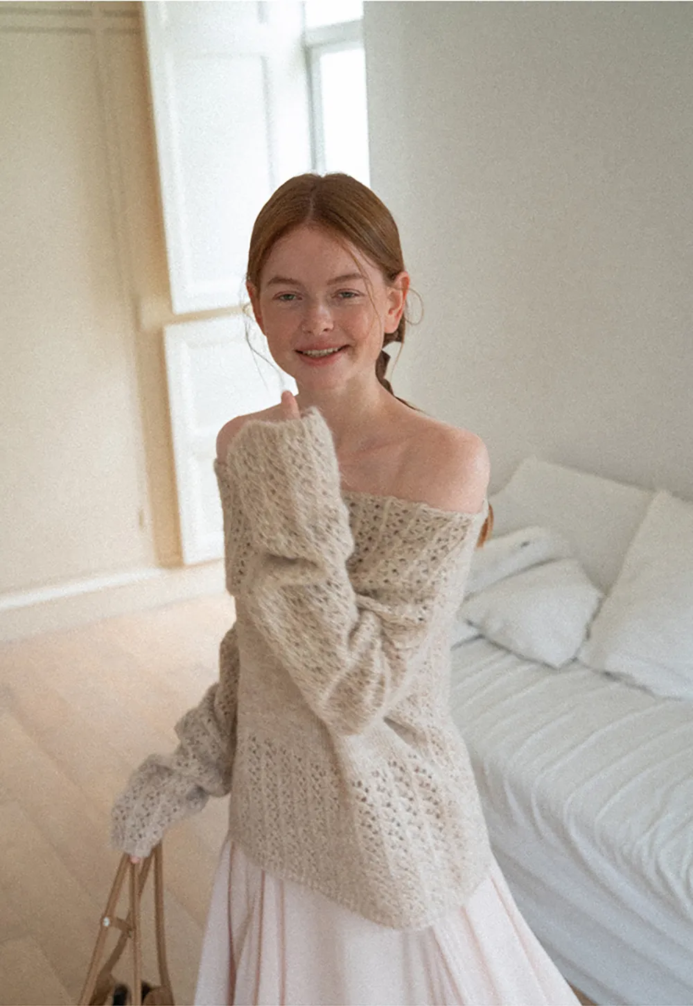 Open Shoulder Lace Knit Sweater