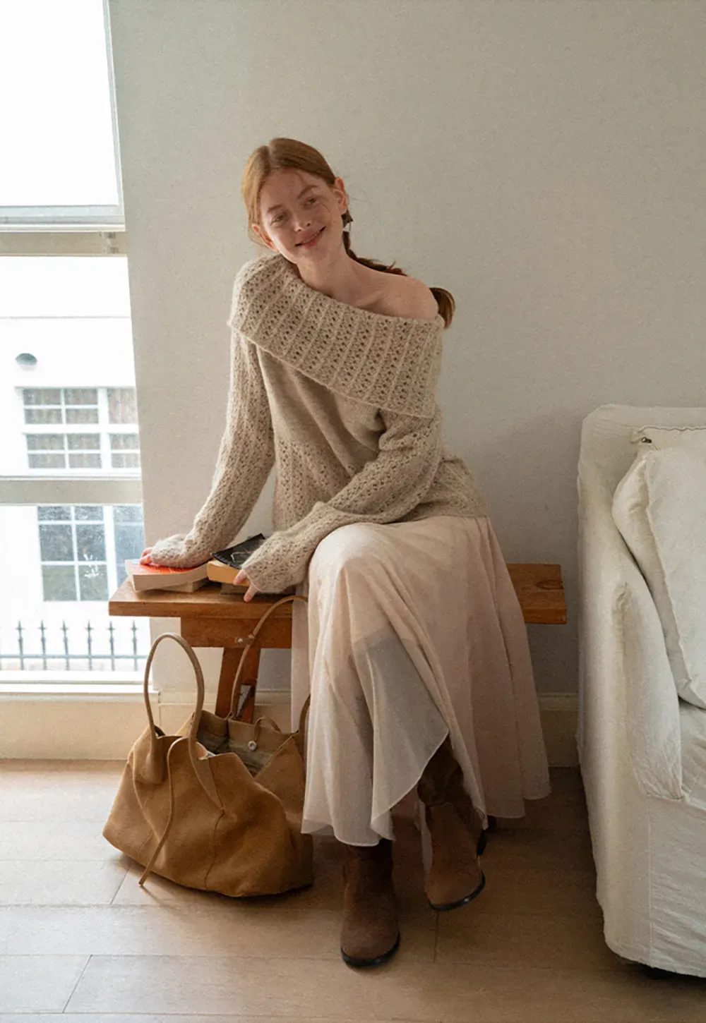 Open Shoulder Lace Knit Sweater