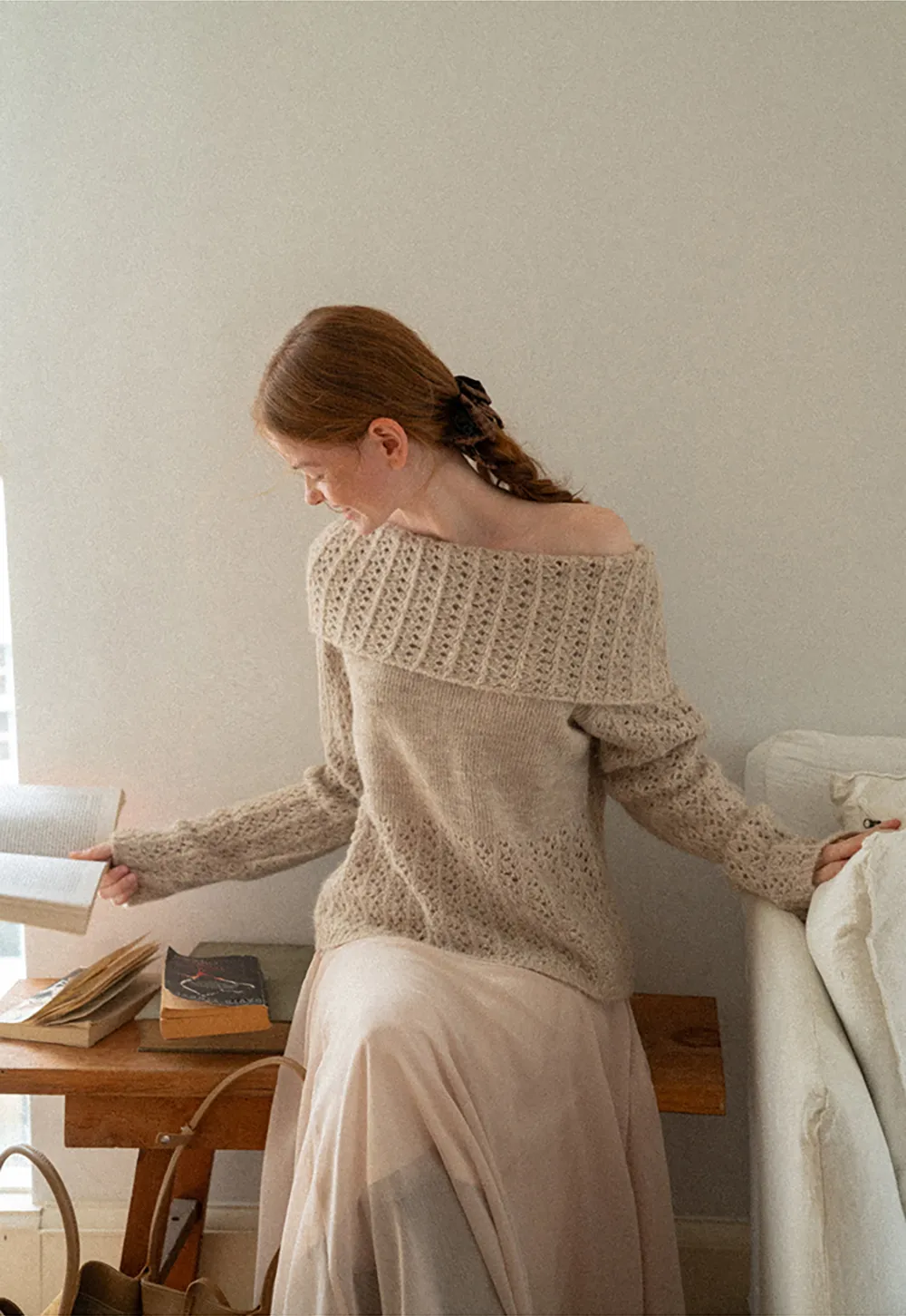 Open Shoulder Lace Knit Sweater