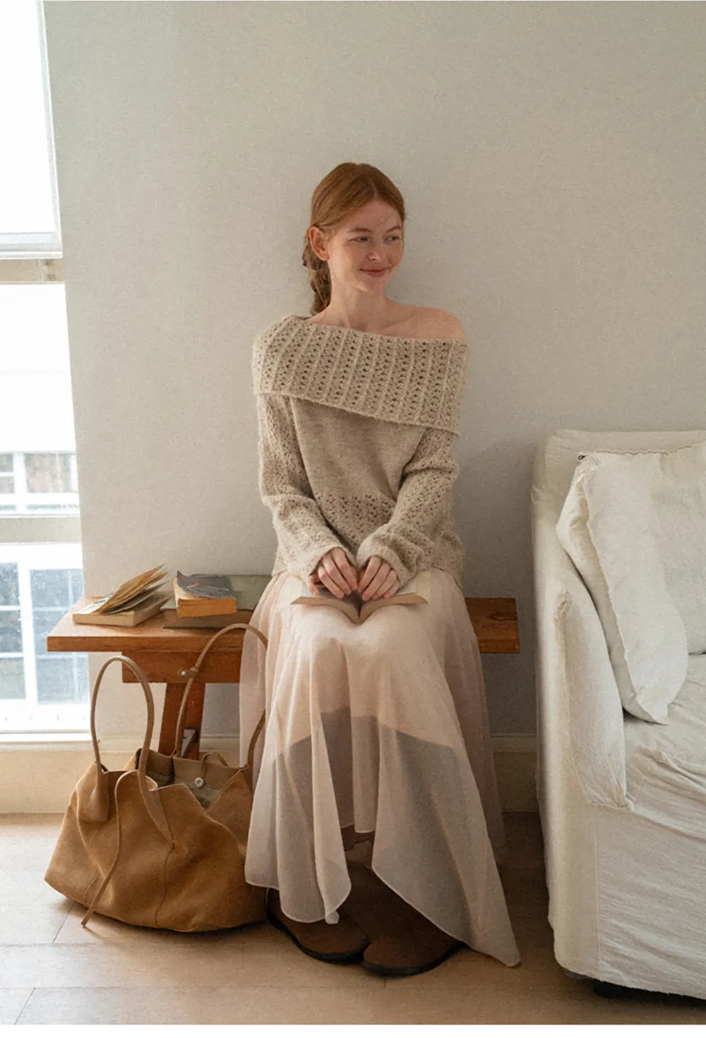 Open Shoulder Lace Knit Sweater