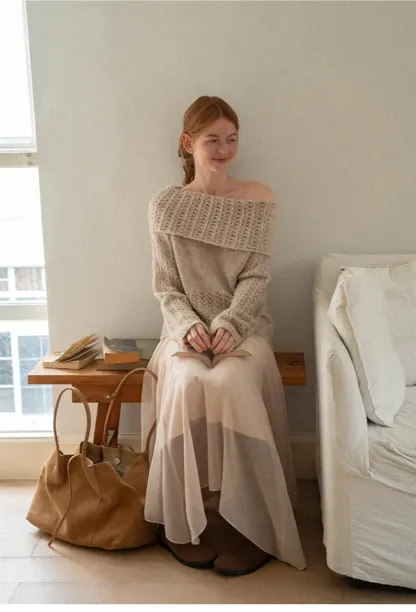 Open Shoulder Lace Knit Sweater