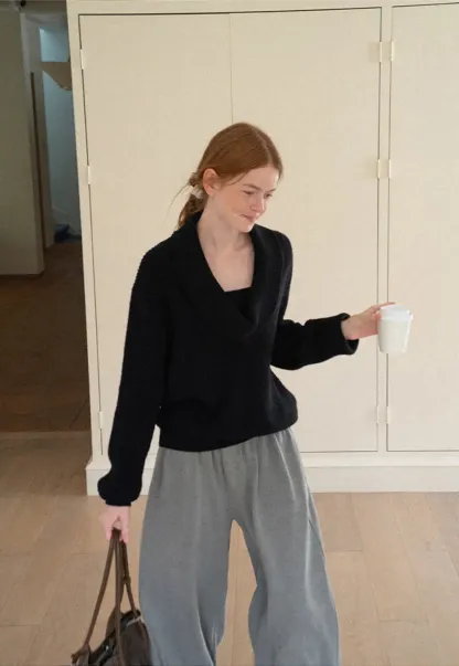 V Neck Wrap Front Knit Sweater