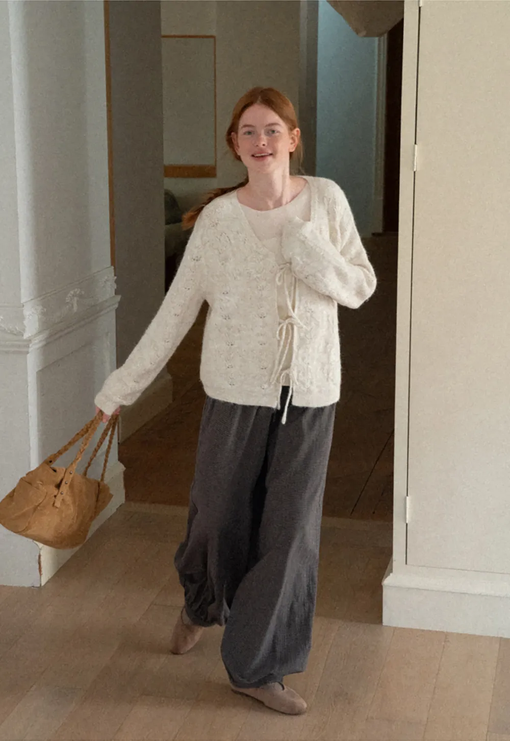 Lace Knit V Neck Drawstring Cardigan Sweater
