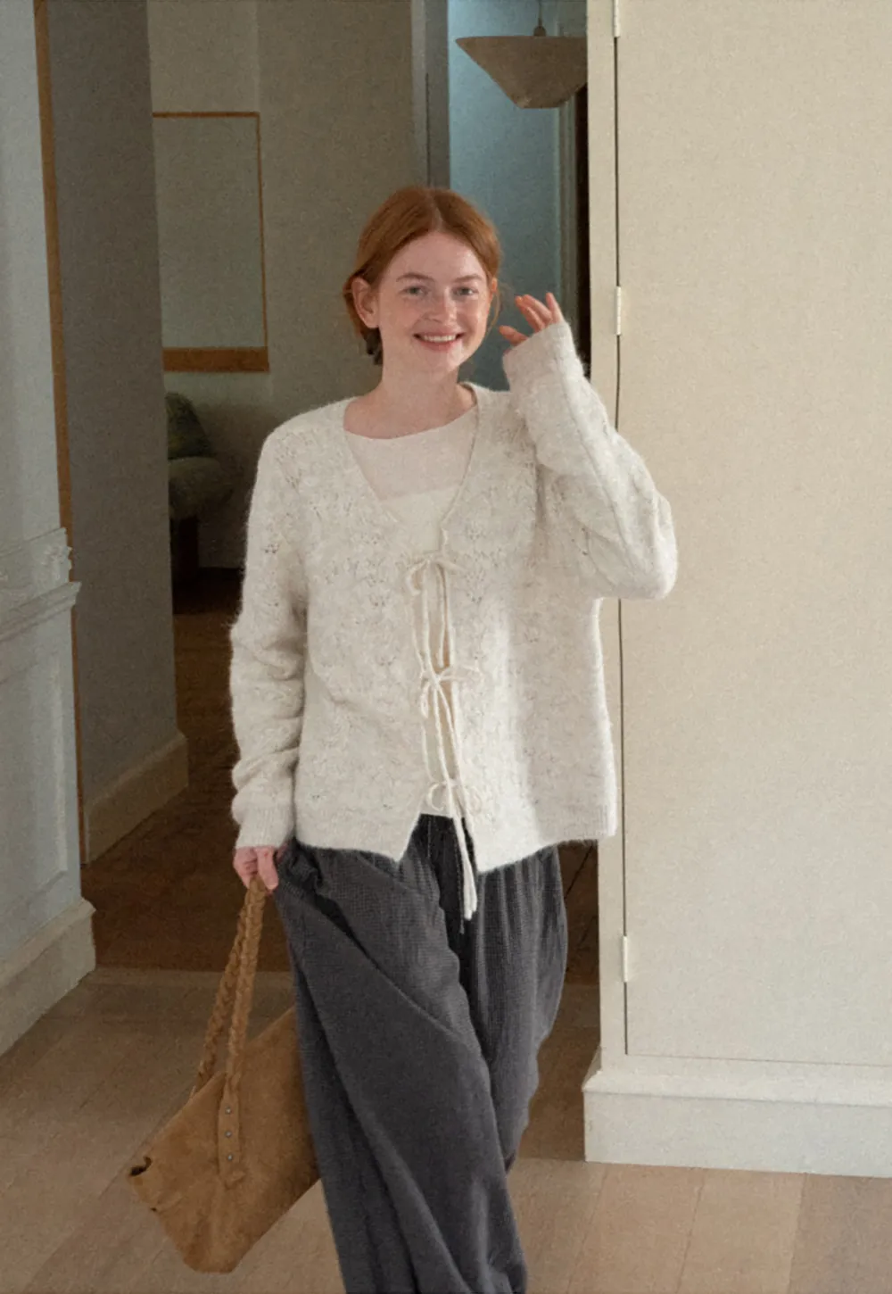 Lace Knit V Neck Drawstring Cardigan Sweater