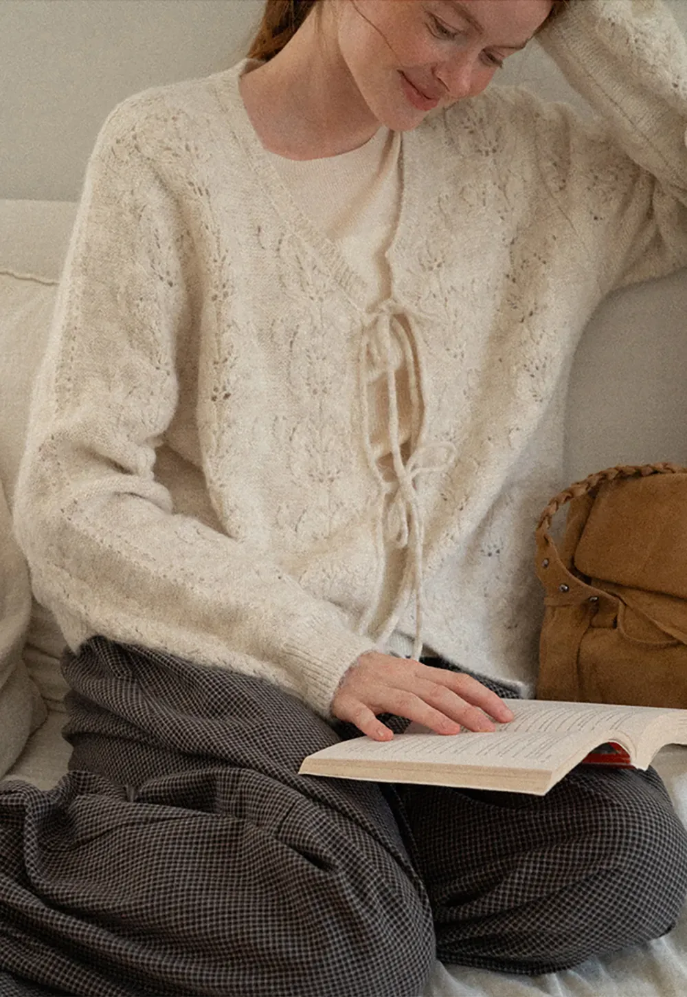 Lace Knit V Neck Drawstring Cardigan Sweater
