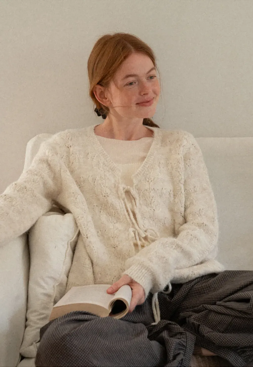 Lace Knit V Neck Drawstring Cardigan Sweater