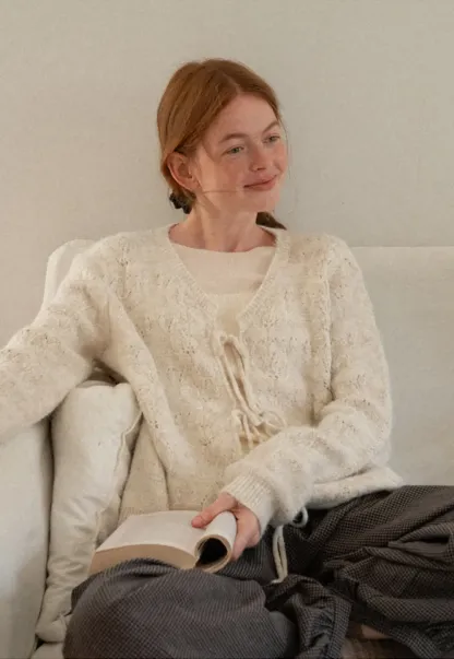 Lace Knit V Neck Drawstring Cardigan Sweater
