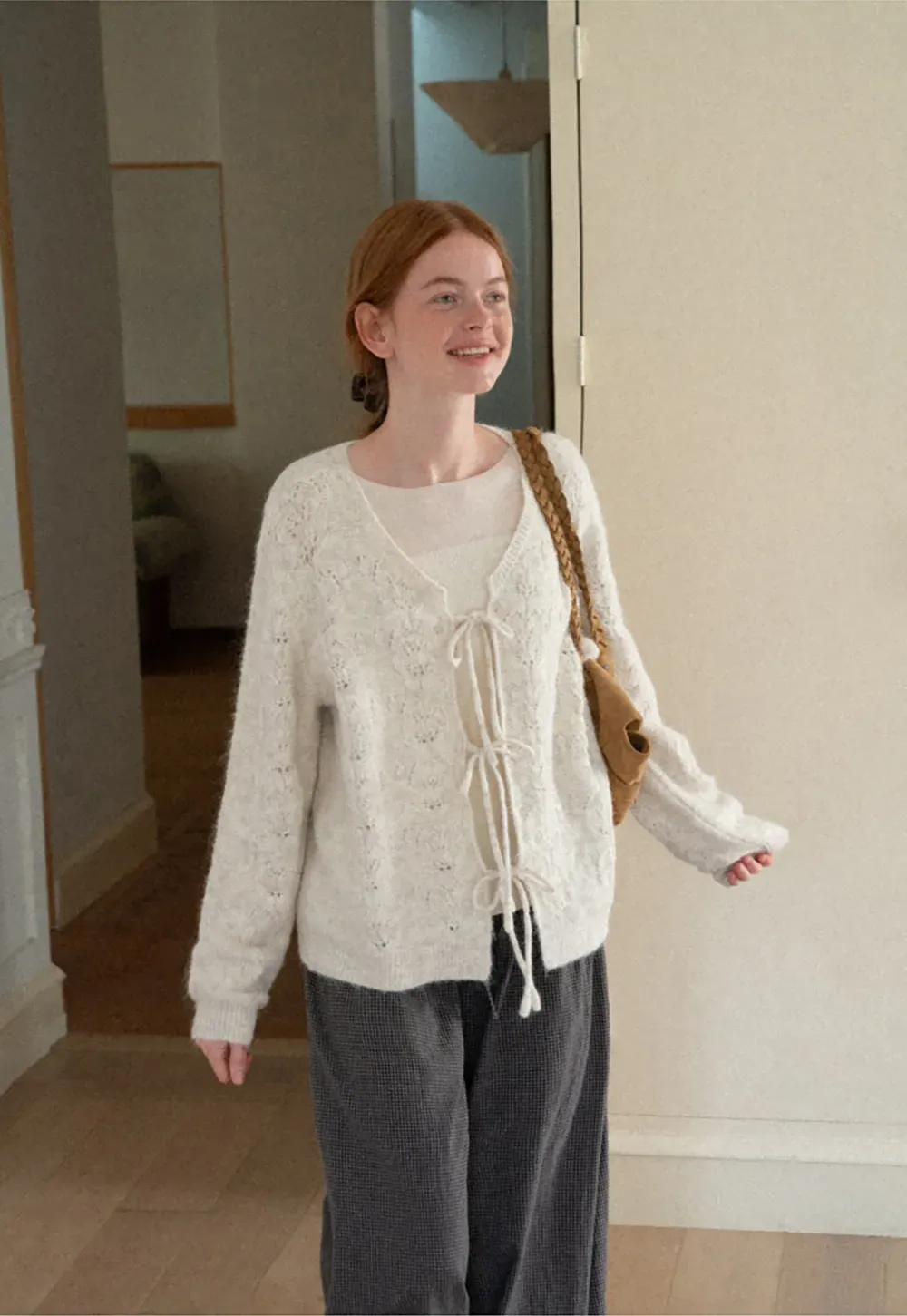 Lace Knit V Neck Drawstring Cardigan Sweater