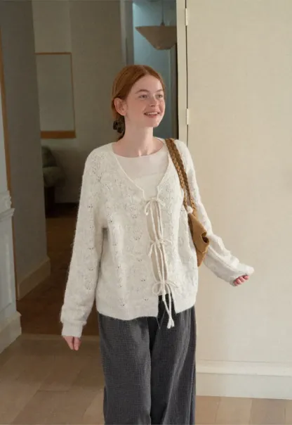 Lace Knit V Neck Drawstring Cardigan Sweater