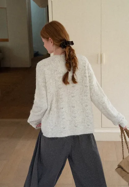 Lace Knit V Neck Drawstring Cardigan Sweater
